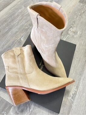 Women's Taupe Suede Western Ankle Boots with Stacked Heel